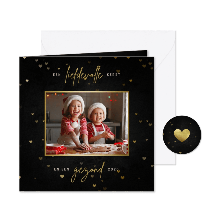 Kerstkaart met hartjes en grote foto - Kaartimpressie