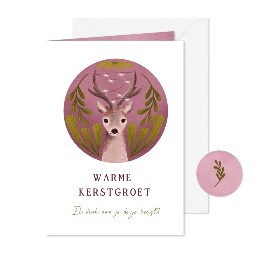 Kerstkaart met hert en takken groen - Kaartimpressie