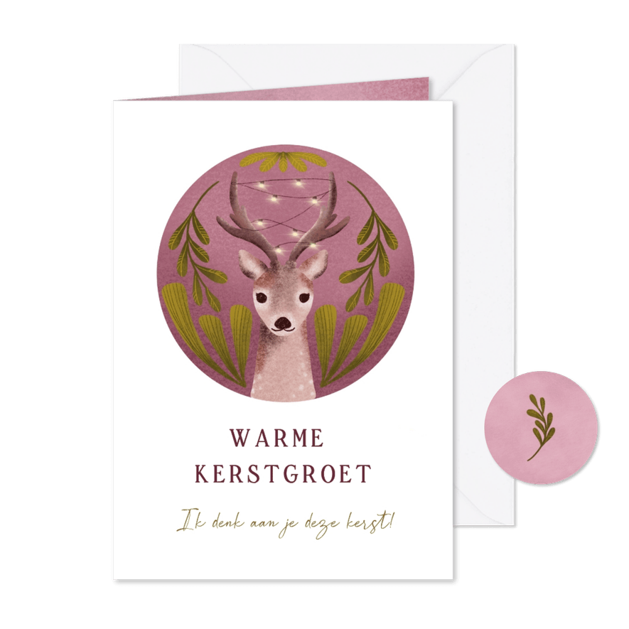 Kerstkaart met hert en takken groen - Kaartimpressie