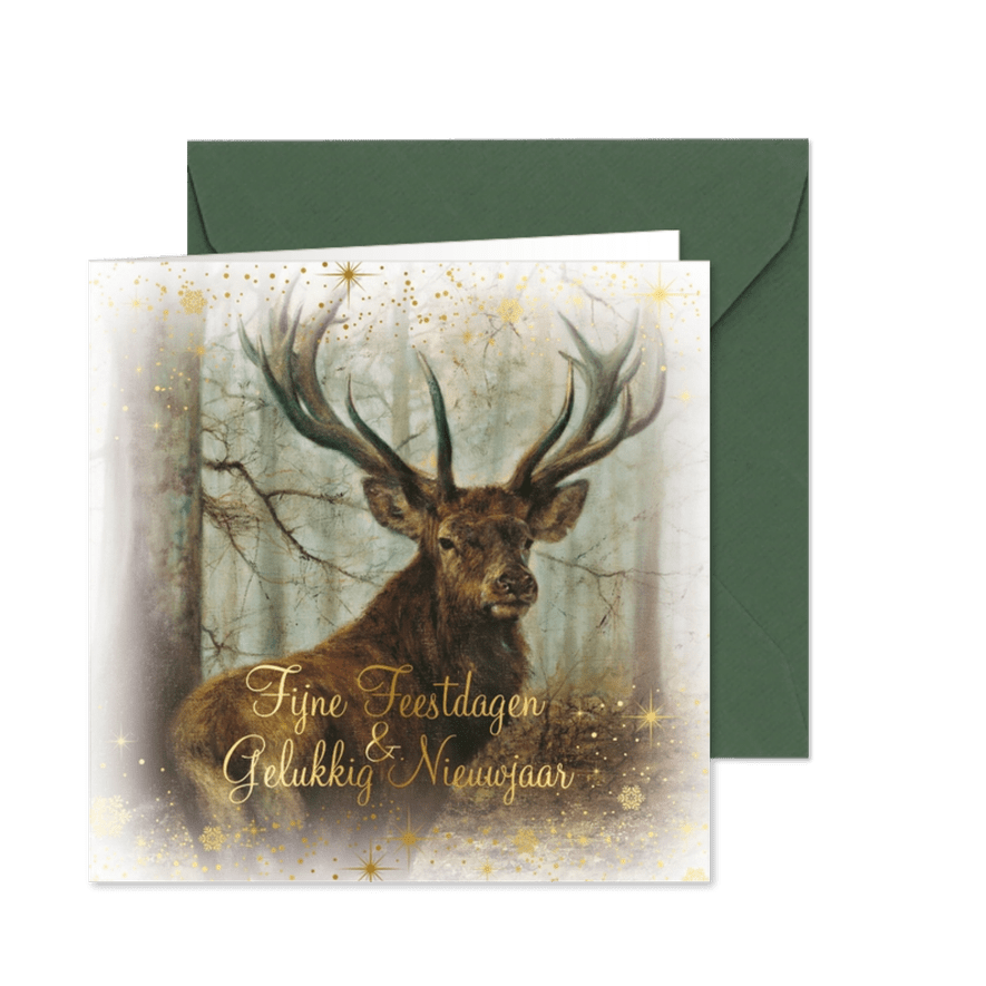 Kerstkaart met hert in het bos - Kaartimpressie