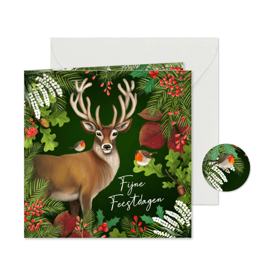 Kerstkaart met hert, roodborstjes en takjes - Kaartimpressie