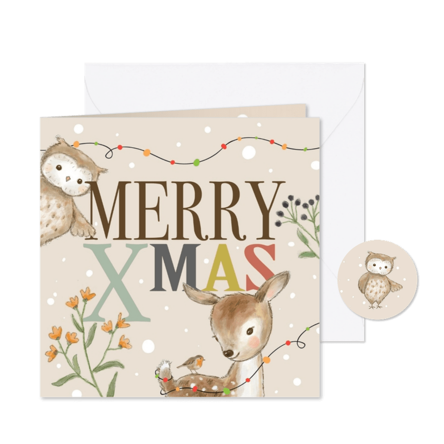 Kerstkaart met hert uil kerstlampjes Xmas - Kaartimpressie