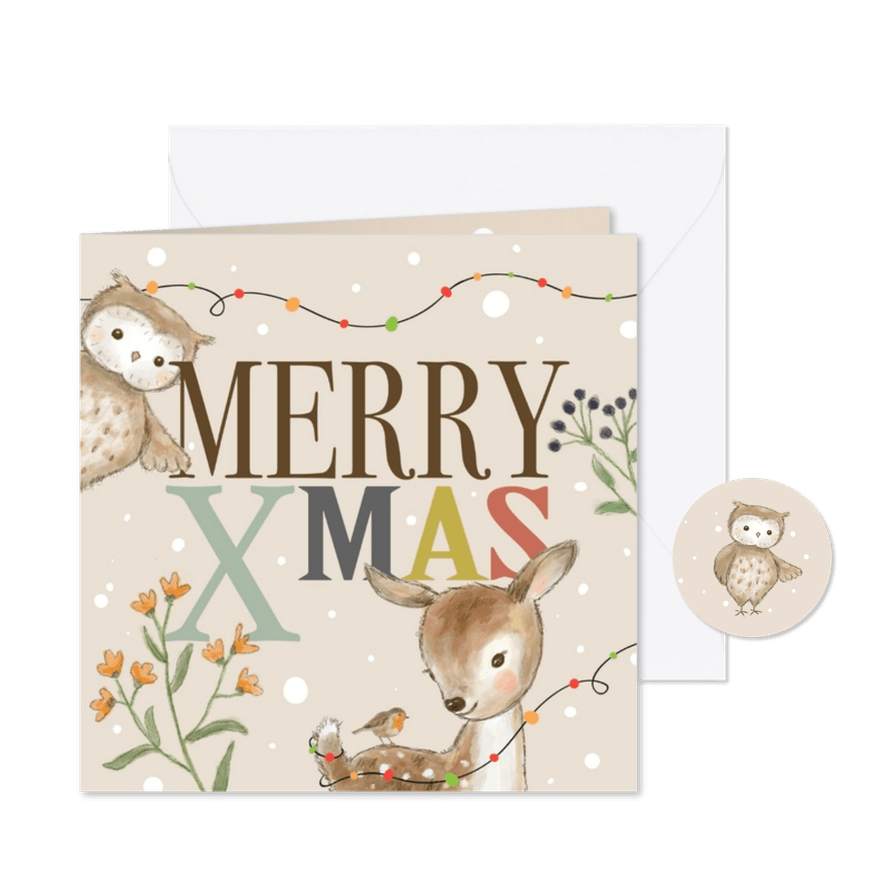 Kerstkaart met hert uil kerstlampjes Xmas - Kaartimpressie