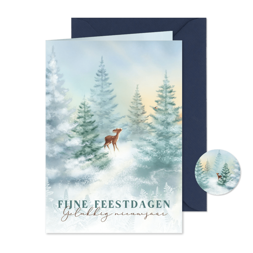Kerstkaart met hertje in winters landschap - Kaartimpressie