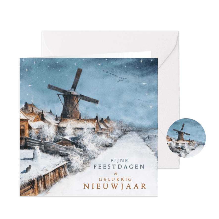 Kerstkaart met Hollands winterlandschap en molen in sneeuw - Kaartimpressie