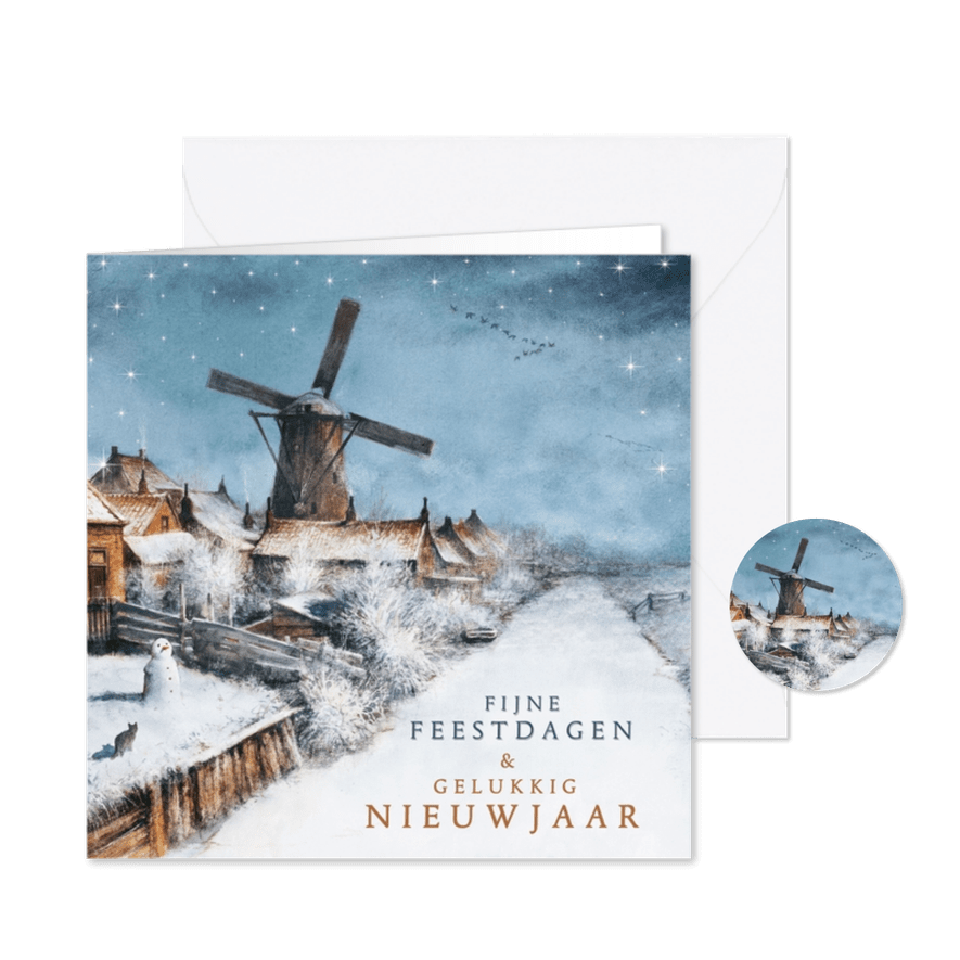 Kerstkaart met Hollands winterlandschap en molen in sneeuw - Kaartimpressie