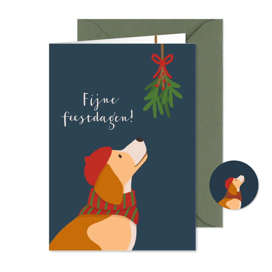 Kerstkaart met hond en maretak - Kaartimpressie