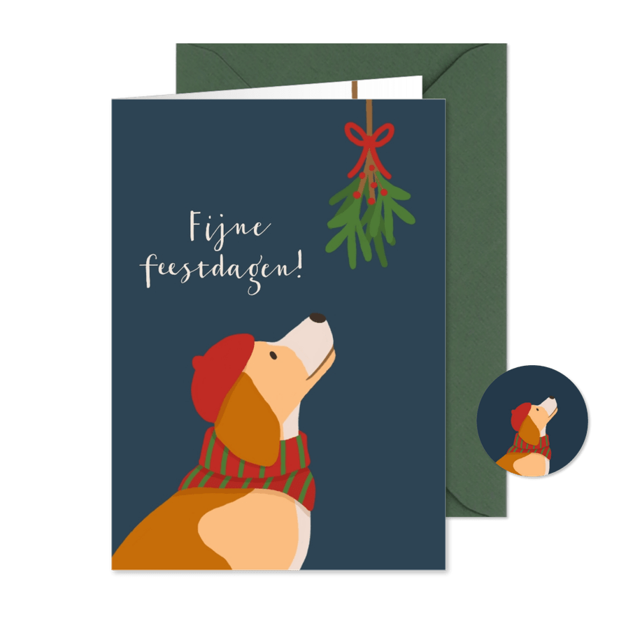 Kerstkaart met hond en maretak - Kaartimpressie