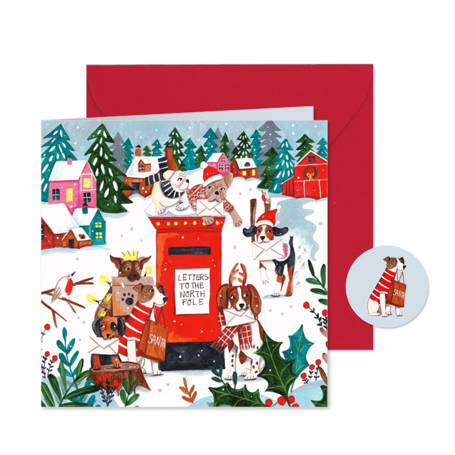 Kerstkaart met honden in het sneeuw kerstdorp - Kaartimpressie