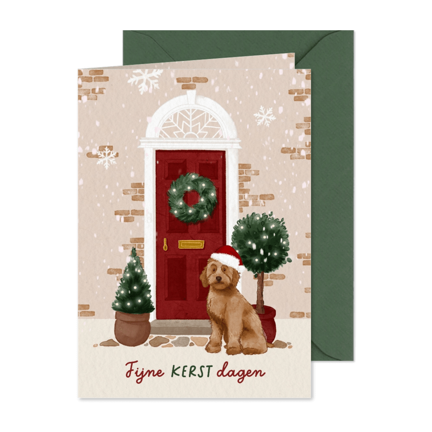 Kerstkaart met hondje en kerstkrans - Kaartimpressie
