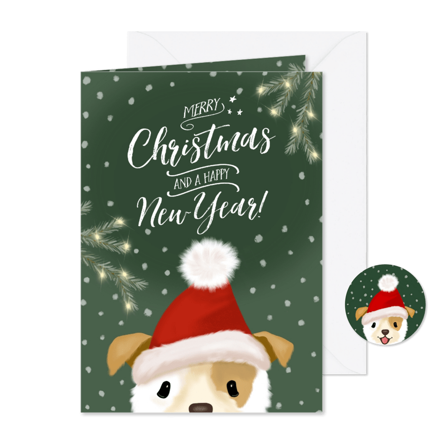 Kerstkaart met hondje met kerstmuts en sneeuwvlokjes - Kaartimpressie