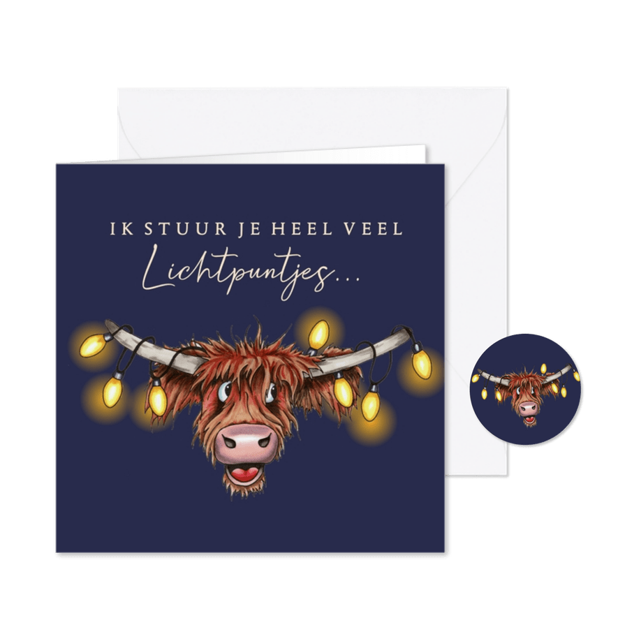 Kerstkaart met hooglander en verlichting - Kaartimpressie