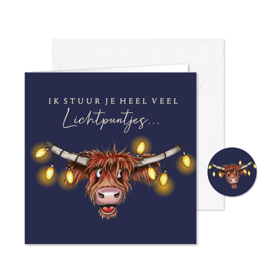 Kerstkaart met hooglander en verlichting - Kaartimpressie