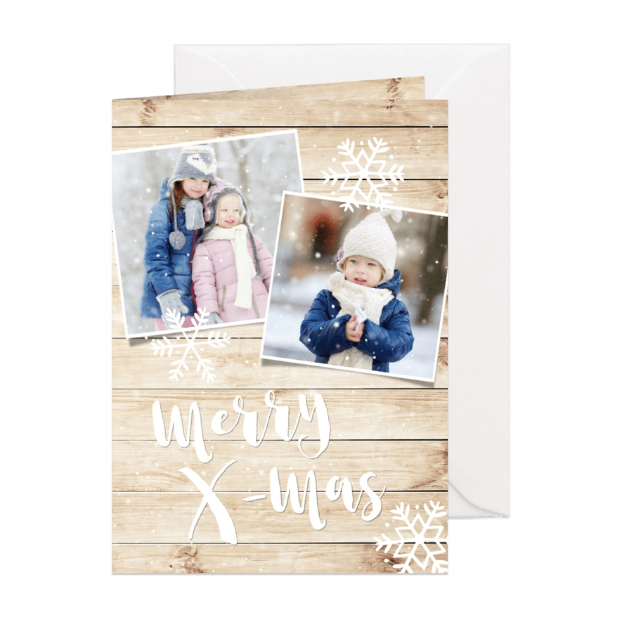 Kerstkaart met hout-look, eigen foto's & sneeuweffect - Kaartimpressie