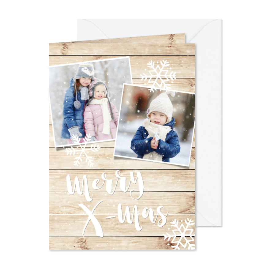 Kerstkaart met hout-look, eigen foto's & sneeuweffect - Kaartimpressie