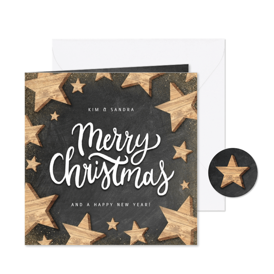 Kerstkaart met houten sterren, Merry Christmas en krijtbord - Kaartimpressie
