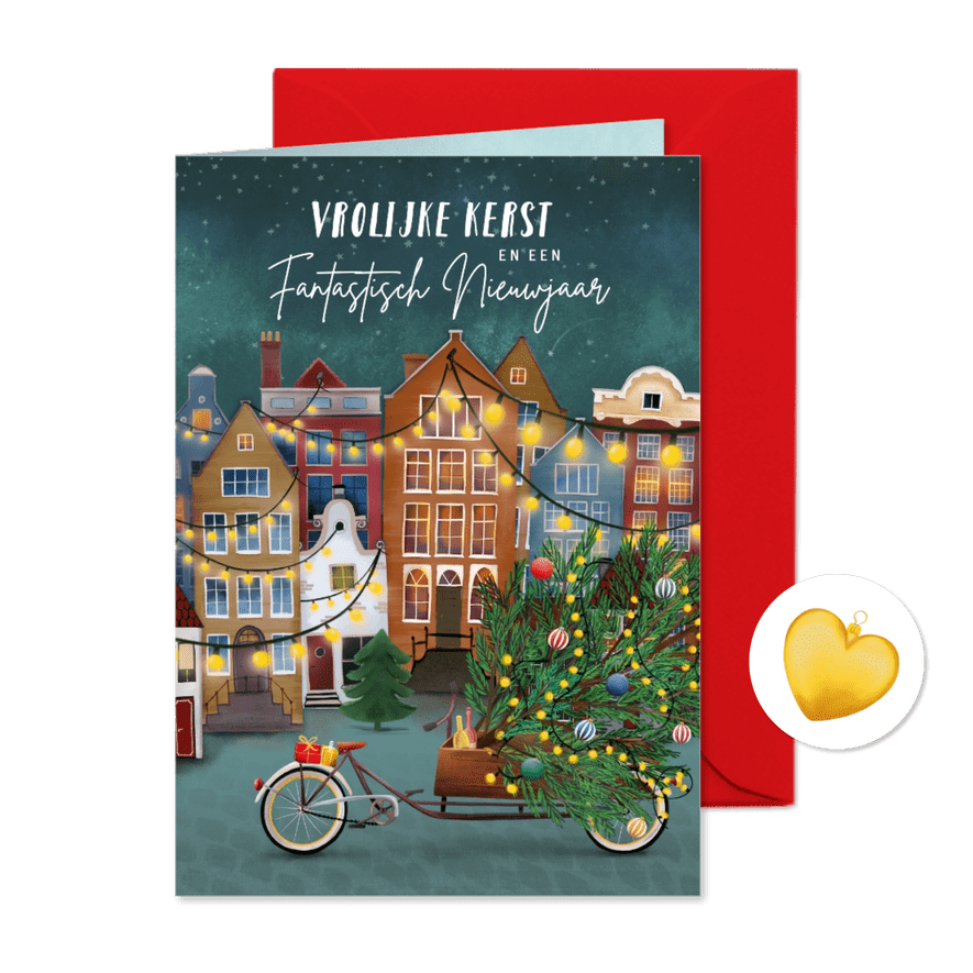 Kerstkaart met huisjes en een bakfiets - Kaartimpressie