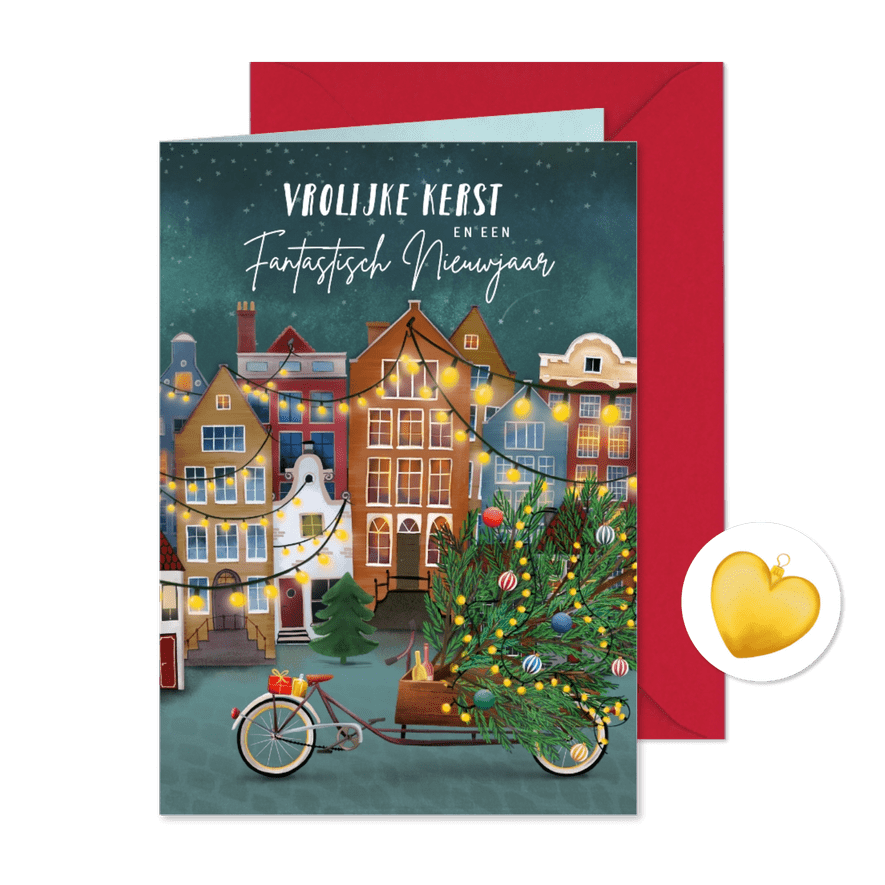Kerstkaart met huisjes en een bakfiets - Kaartimpressie