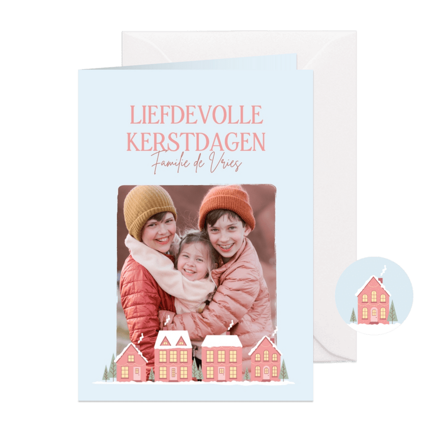 Kerstkaart met huisjes en eigen foto - Kaartimpressie