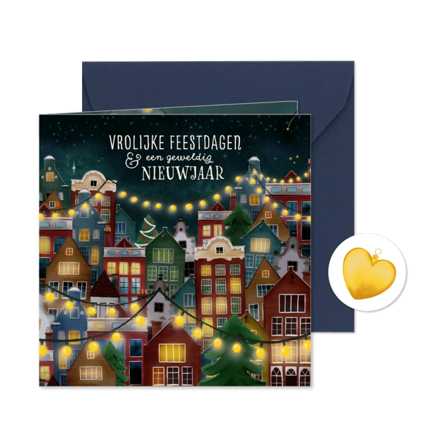 Kerstkaart met huisjes en lichtjes - Kaartimpressie