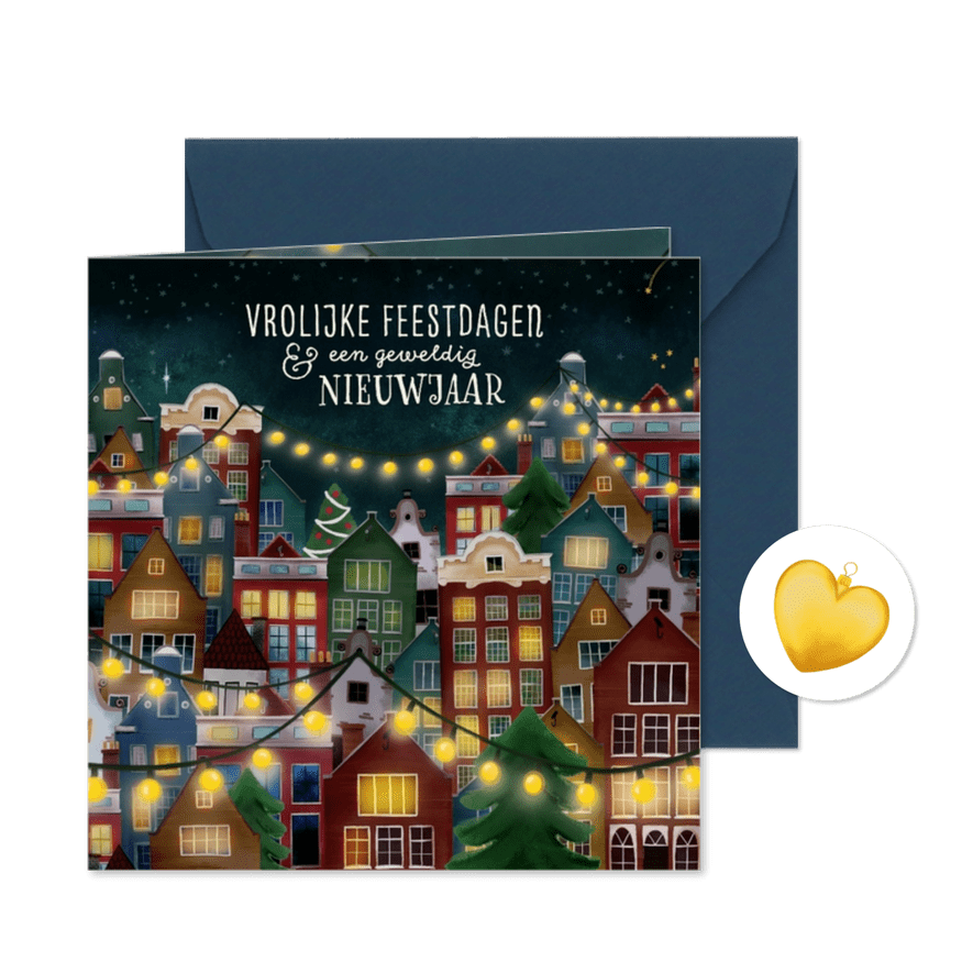 Kerstkaart met huisjes en lichtjes - Kaartimpressie