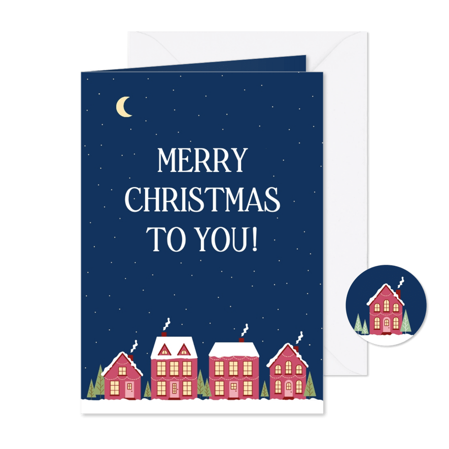 Kerstkaart met huisjes in de nacht - Kaartimpressie