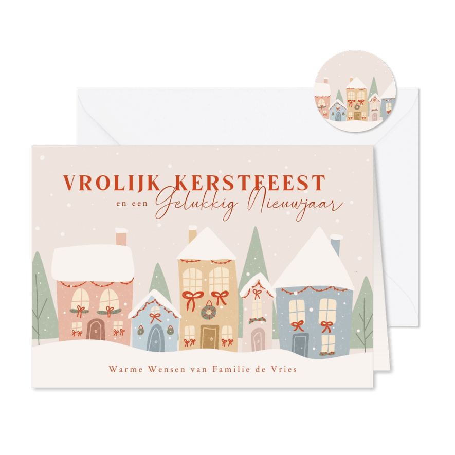 Kerstkaart met huisjes in de sneeuw in zachte kleuren - Kaartimpressie