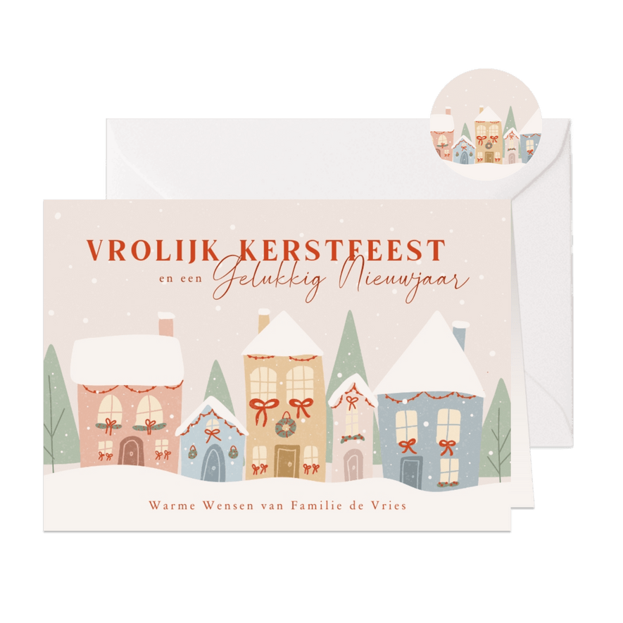 Kerstkaart met huisjes in de sneeuw in zachte kleuren - Kaartimpressie