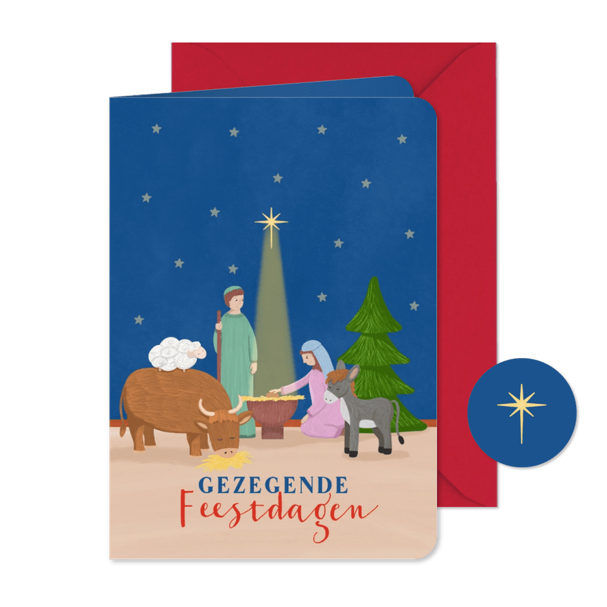  Kerstkaart met illustratie Jozef Maria en Jezus dieren ster - Kaartimpressie