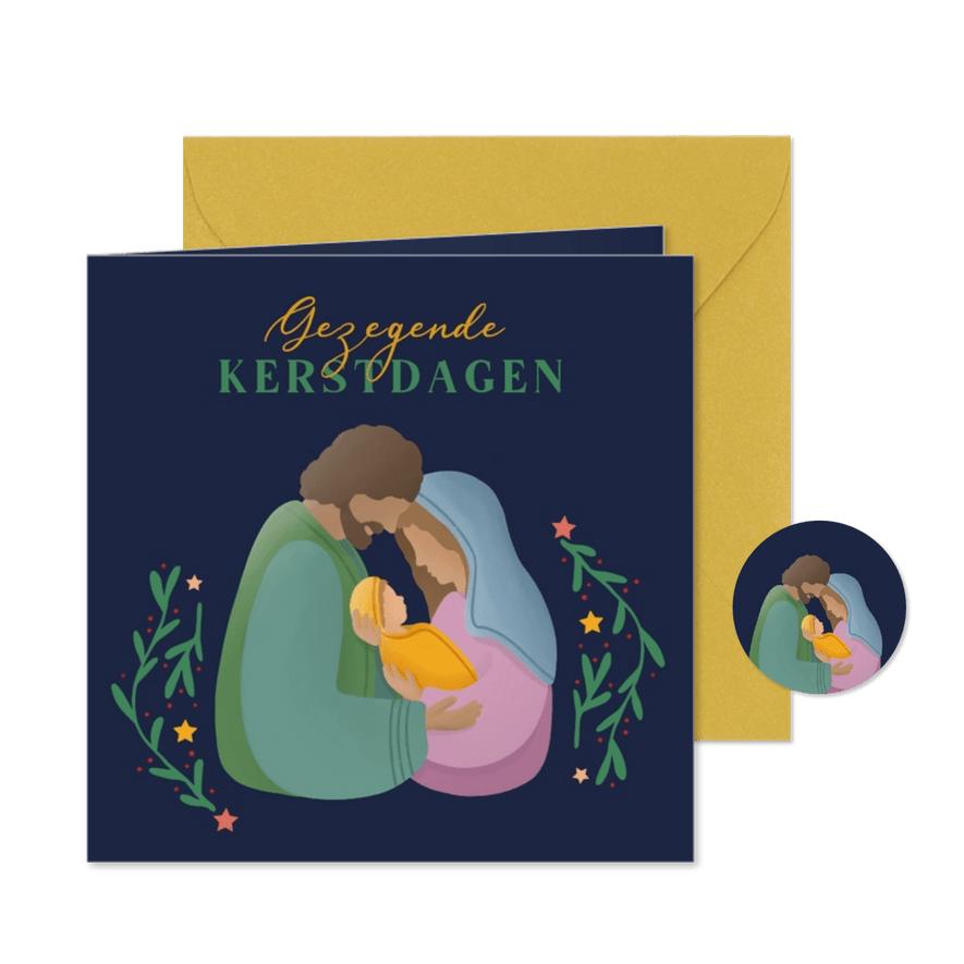 Kerstkaart met illustratie Jozef Maria en Jezus sterren - Kaartimpressie