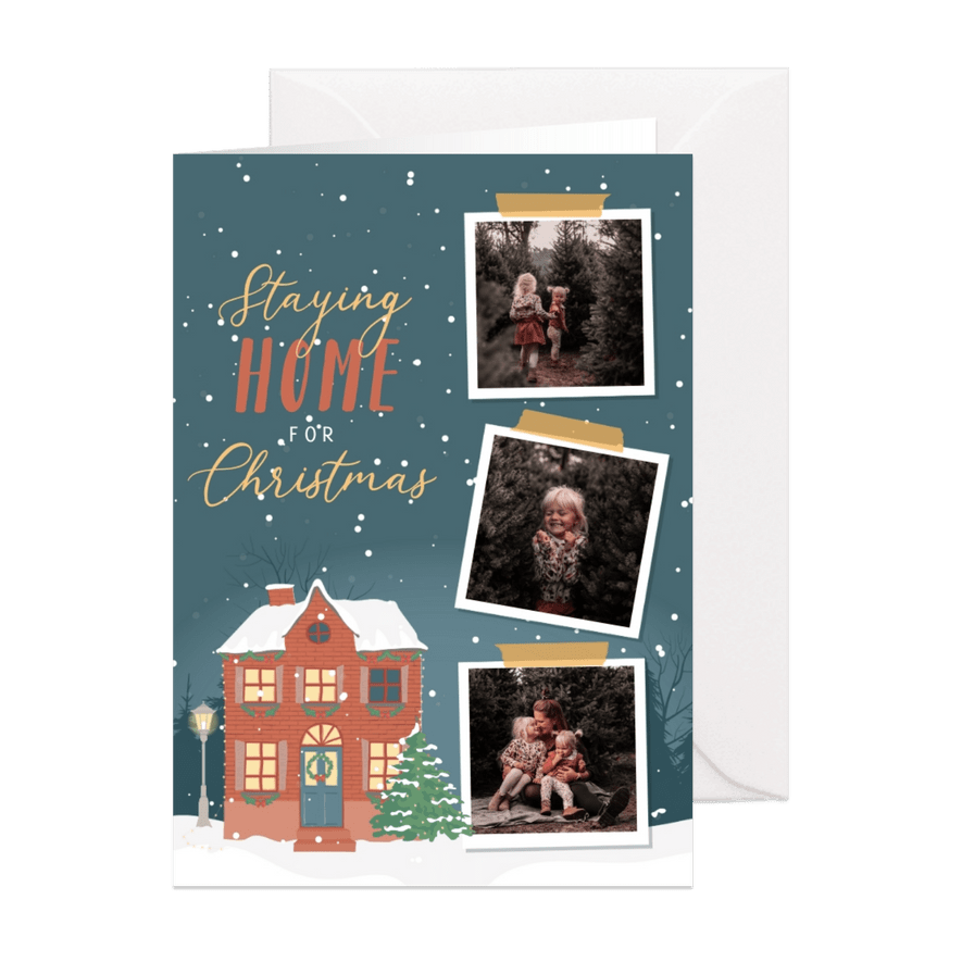 Kerstkaart met illustratie van een huis en fotocollage - Kaartimpressie