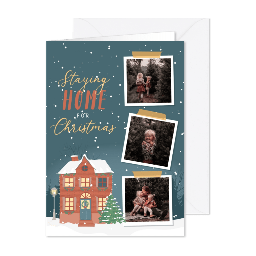 Kerstkaart met illustratie van een huis en fotocollage - Kaartimpressie