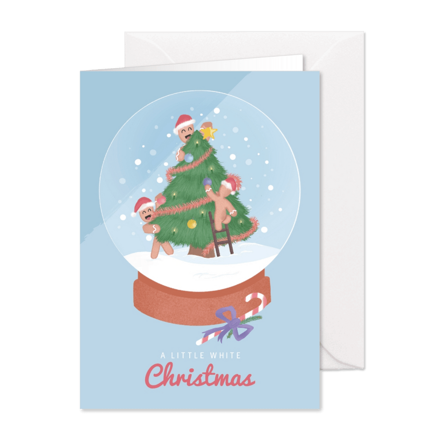 Kerstkaart met illustratie van een kerstboom in sneeuwbol - Kaartimpressie