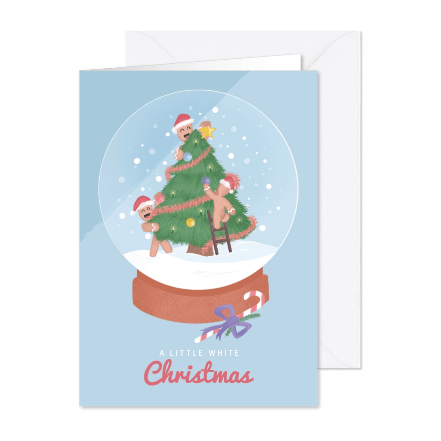 Kerstkaart met illustratie van een kerstboom in sneeuwbol - Kaartimpressie