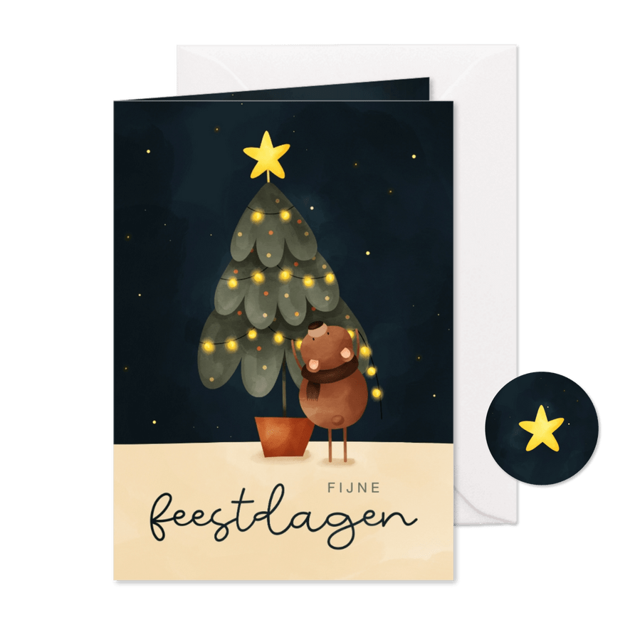 Kerstkaart met illustratie van kerstboom met ster en beertje - Kaartimpressie