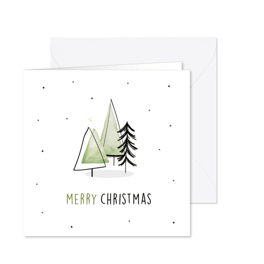 Kerstkaart met illustratie van kerstboompjes - Kaartimpressie