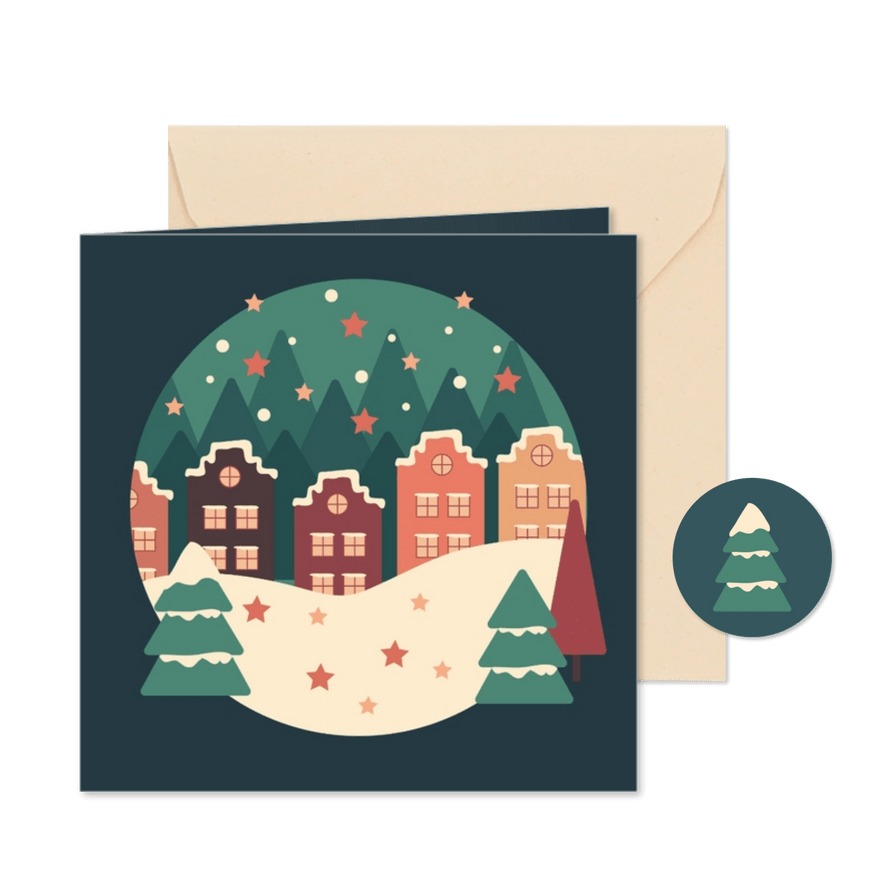 Kerstkaart met illustratie van kersthuisjes in de sneeuw - Kaartimpressie