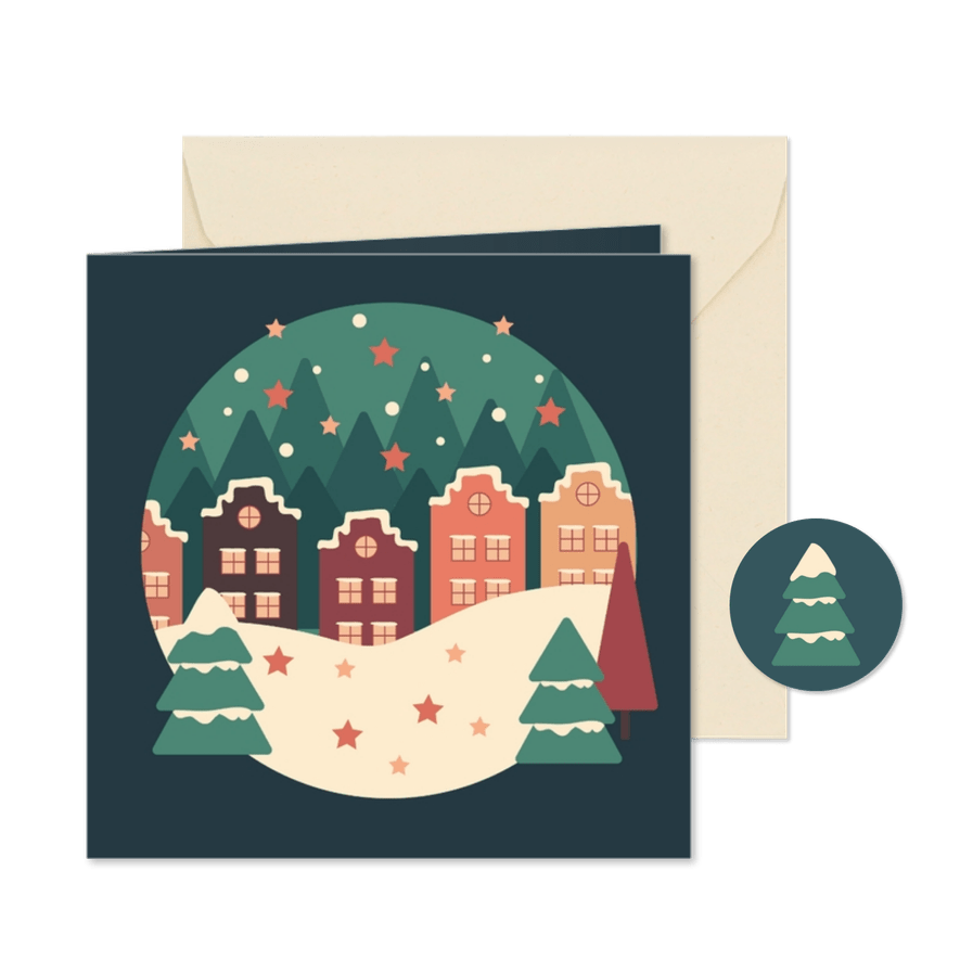 Kerstkaart met illustratie van kersthuisjes in de sneeuw - Kaartimpressie