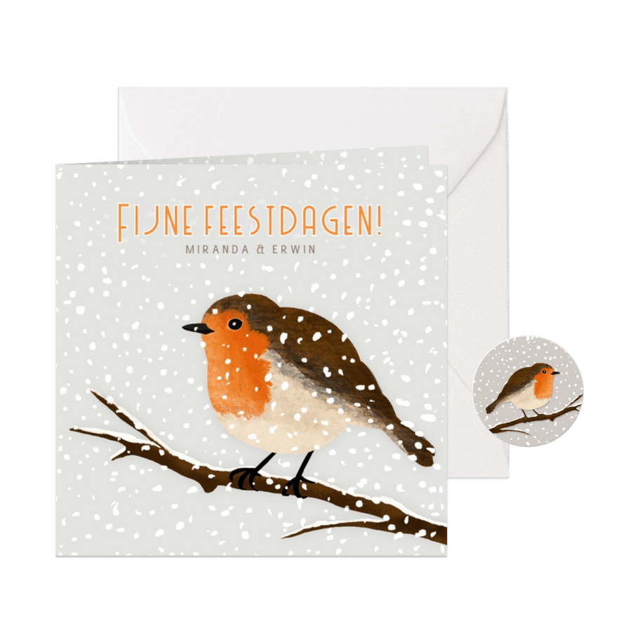 Kerstkaart met illustratie van roodborstje in de sneeuw - Kaartimpressie