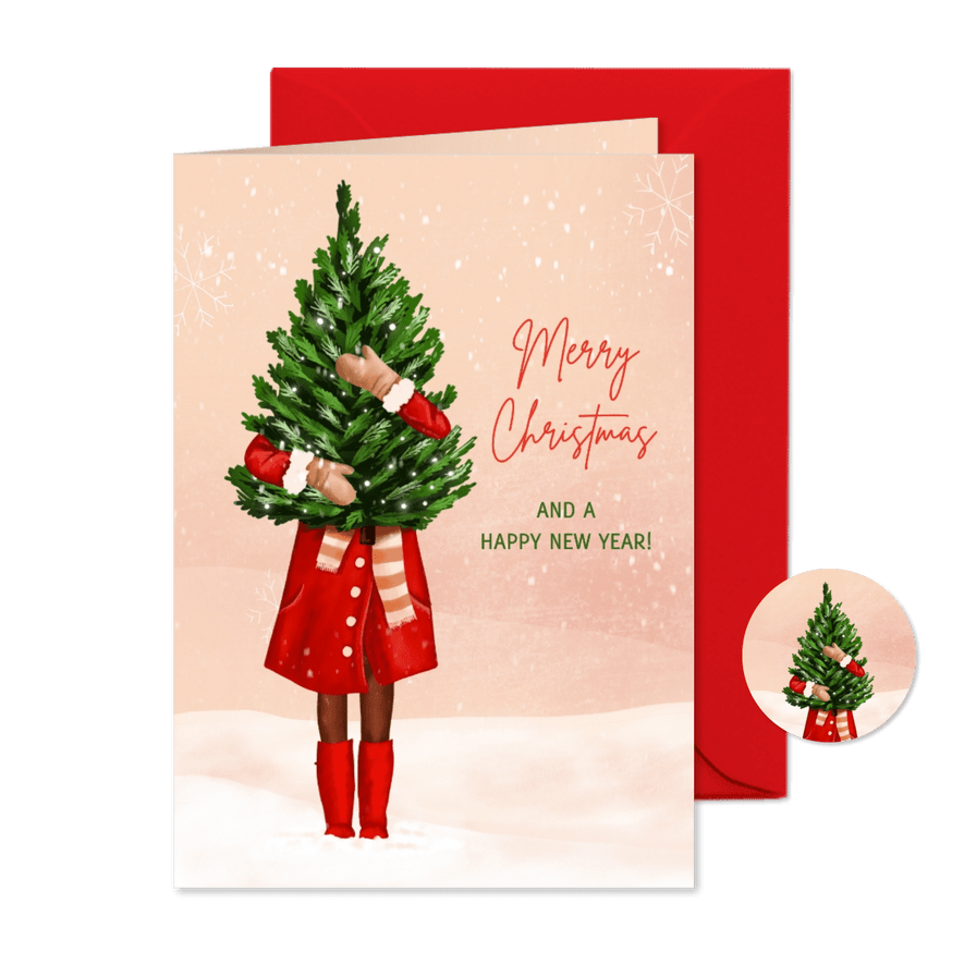 Kerstkaart met illustratie van vrouw met kerstboom - Kaartimpressie