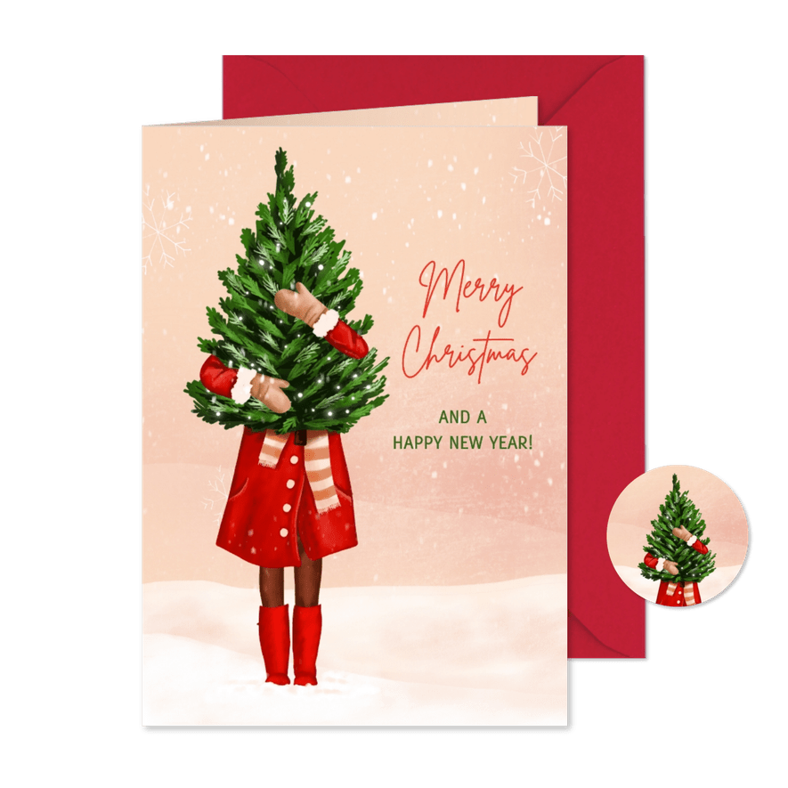 Kerstkaart met illustratie van vrouw met kerstboom - Kaartimpressie