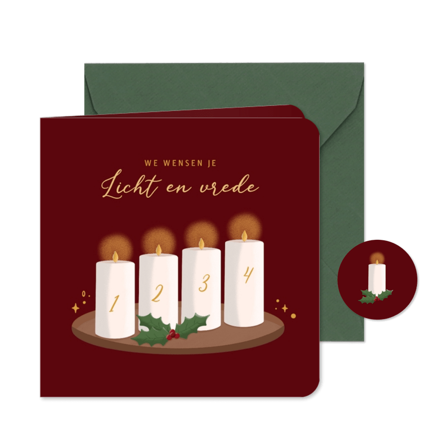 Kerstkaart met illustratie vier advent kaarsen en hulst - Kaartimpressie