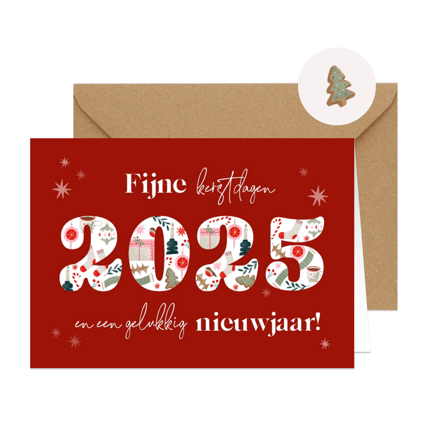 Kerstkaart met jaartal vrolijke illustraties en sterren rood - Kaartimpressie