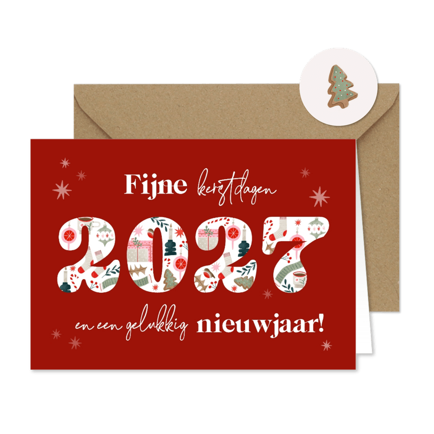 Kerstkaart met jaartal vrolijke illustraties en sterren rood - Kaartimpressie