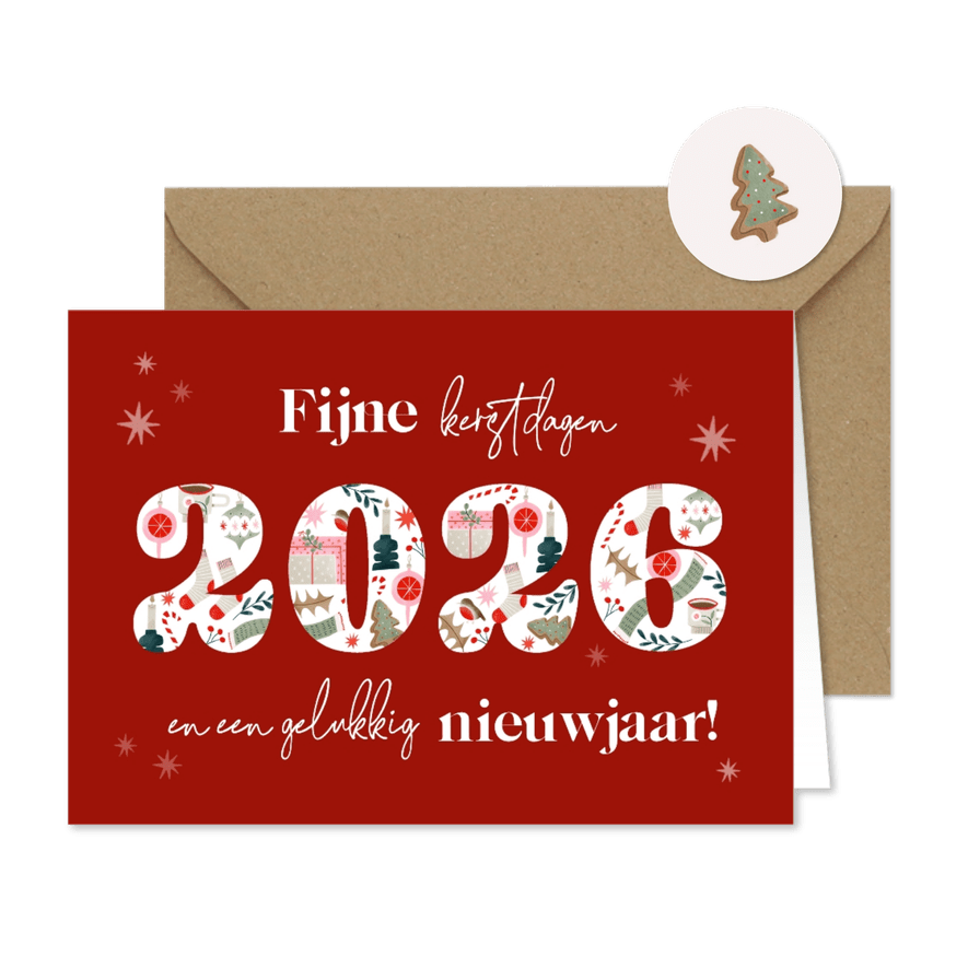 Kerstkaart met jaartal vrolijke illustraties en sterren rood - Kaartimpressie