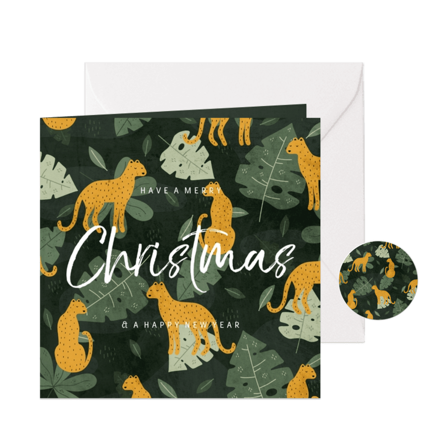 Kerstkaart met jungle patroon en handgeschreven christmas - Kaartimpressie