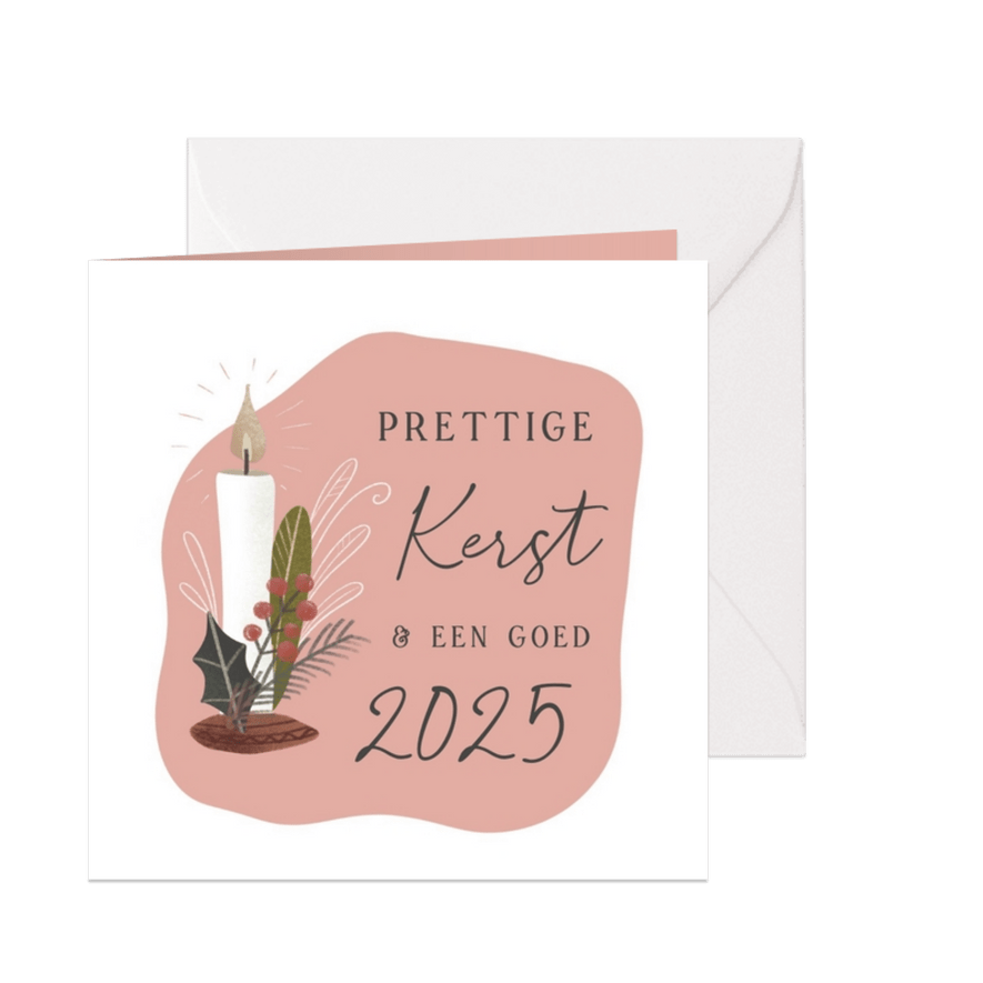 Kerstkaart met kaars en botanische takjes - Kaartimpressie