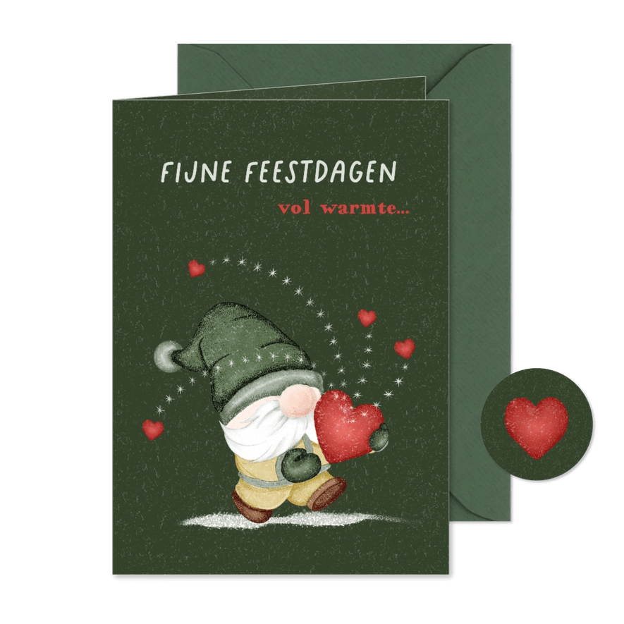 Kerstkaart met kabouter die hartjes uitdeelt - Kaartimpressie