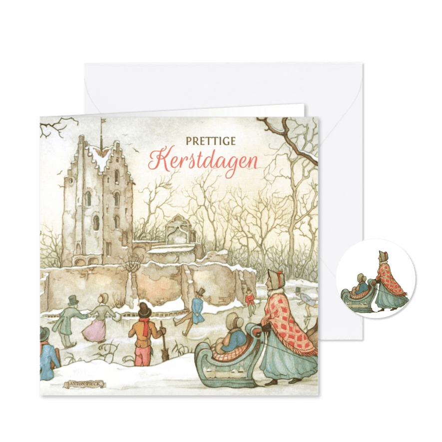 Kerstkaart met kasteel en schaatsende mensen. - Kaartimpressie