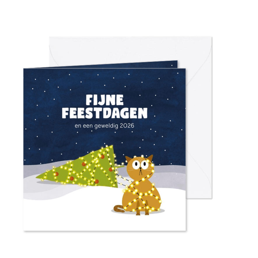 Kerstkaart met kat verstrikt in kerstlampjes - Kaartimpressie